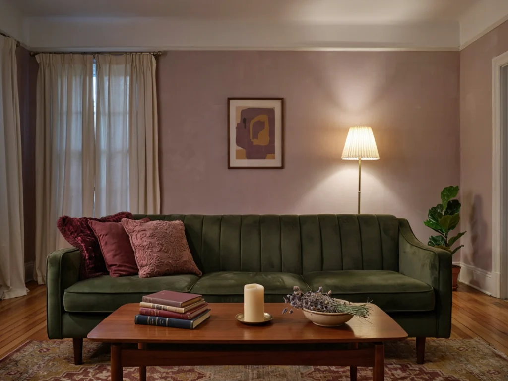 Mauve hunter green and burgundy color combo in 90s home decor