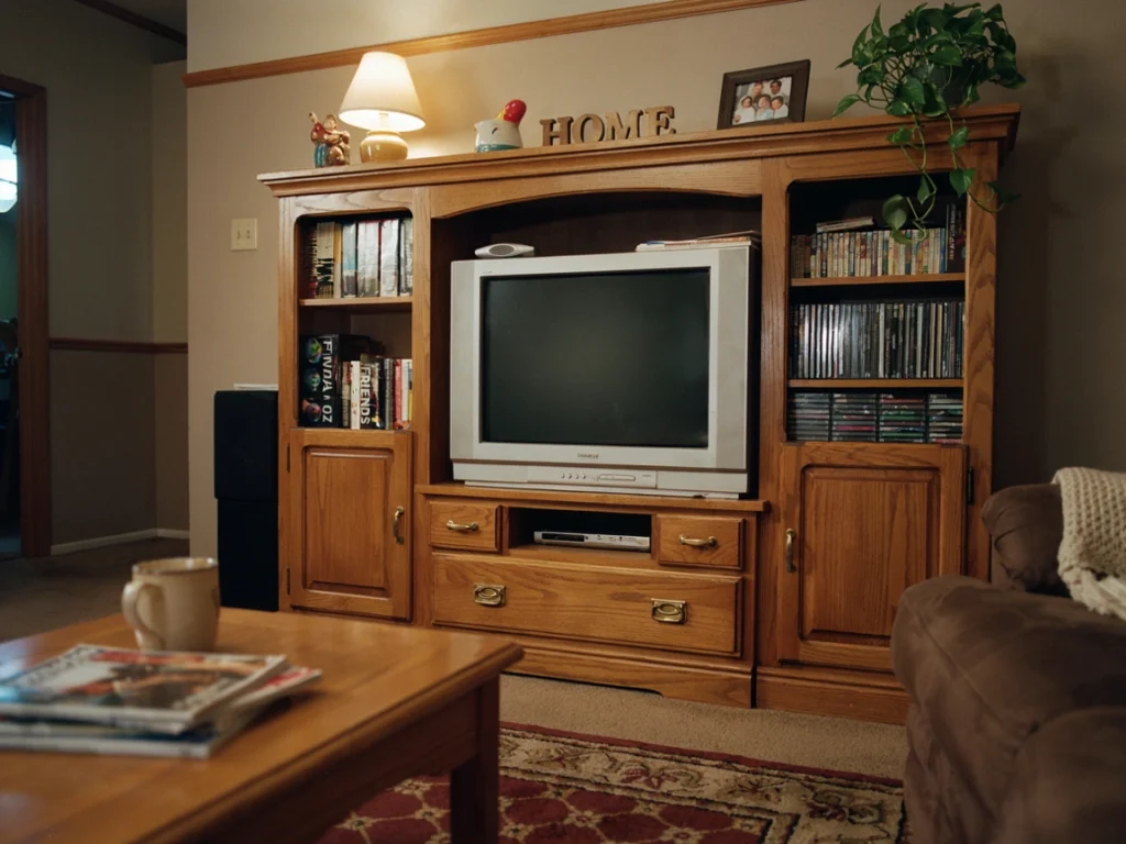 Oak entertainment center as a statement 90s furniture piece
