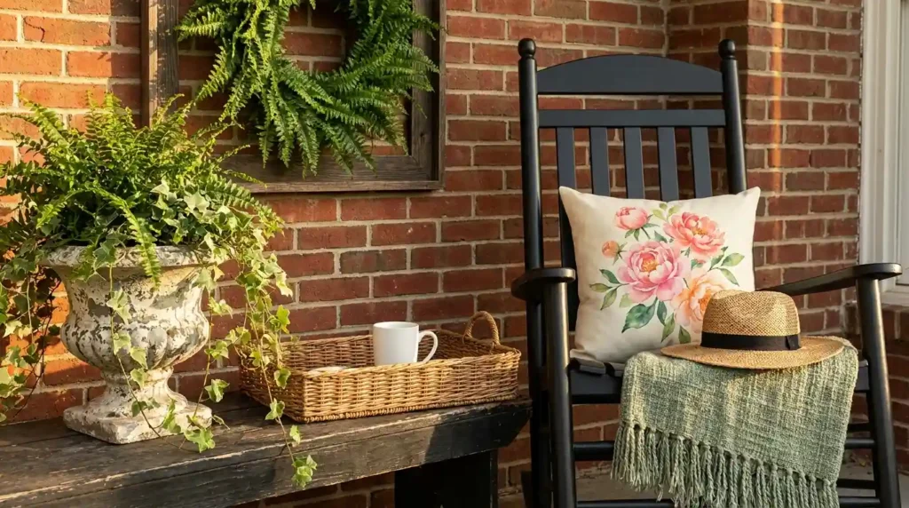 A black wooden rocking chair on a porch with a text-free watercolor floral pillow, a straw sunhat, a sage green blanket, and a wicker basket next to a vintage stone urn planter.