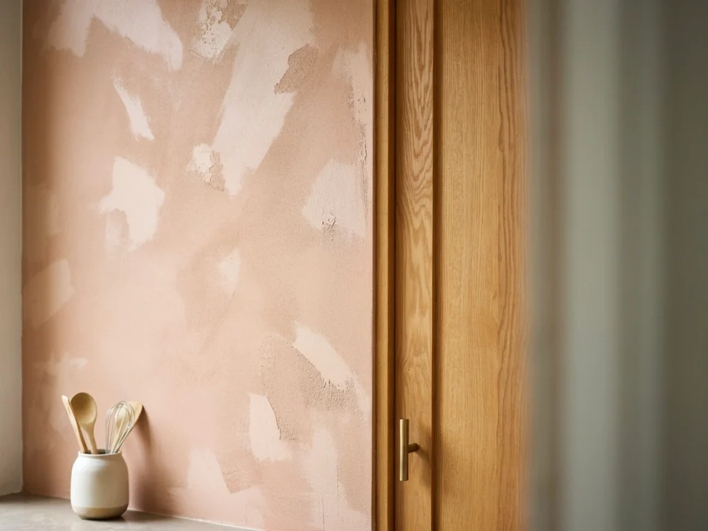 Sponge-painted wall texture next to oak kitchen cabinets