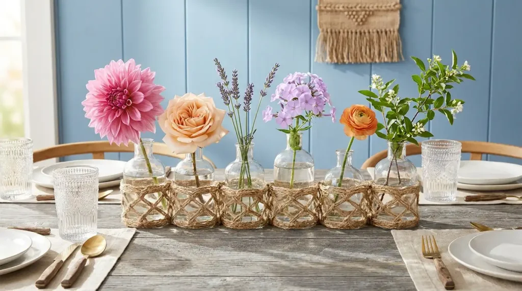Multiple clear glass bottles connected by twine forming a summer centerpiece with fresh flowers (pink dahlia, peach rose, lavender) on a rustic wooden table.
