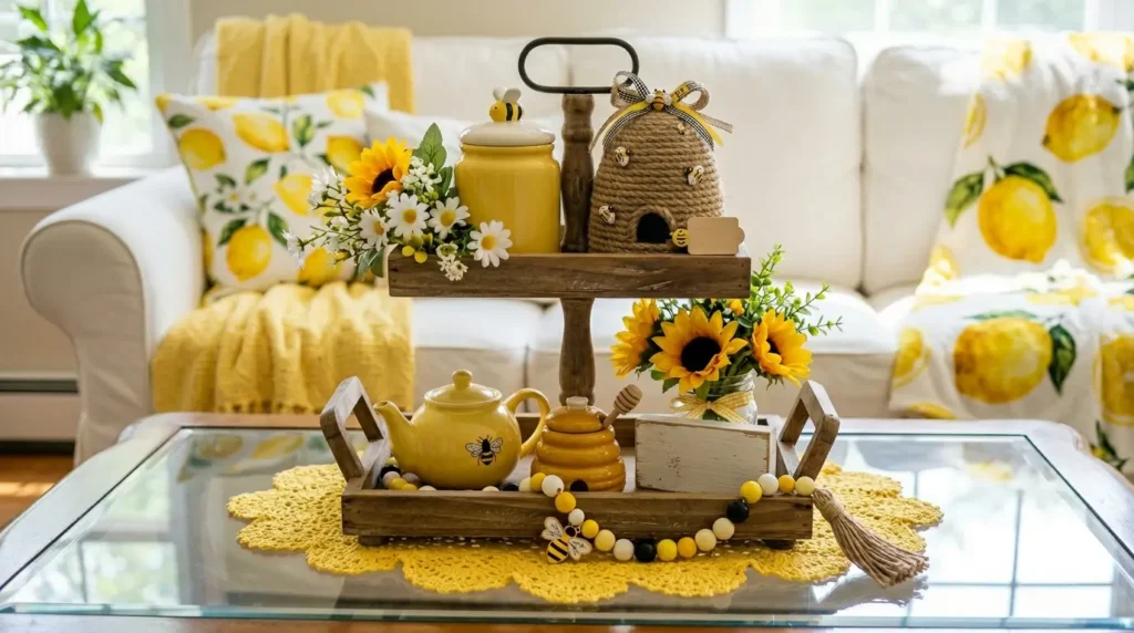 Cute bee themed two tiered tray summer decor idea with yellow ceramic pieces sunflowers and beehive decorations