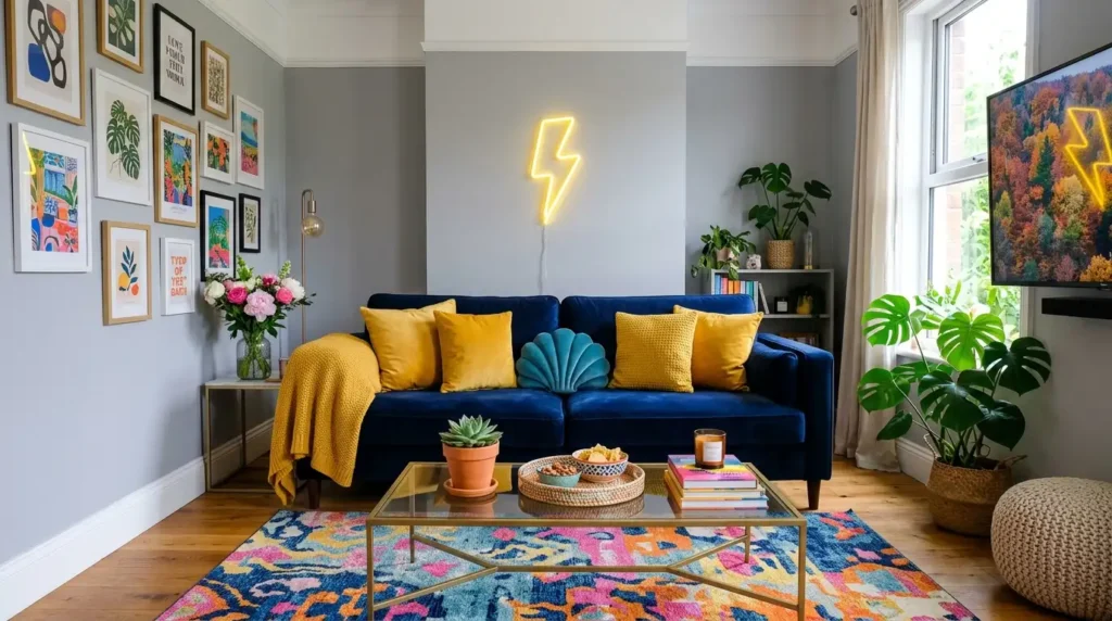 Bold blue velvet sofa with yellow cushions and neon lightning sign as a vibrant summer decor idea for living room