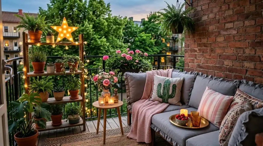 Cozy boho apartment balcony summer decor idea with gray sofa, fairy lights, potted plants and pink flowers