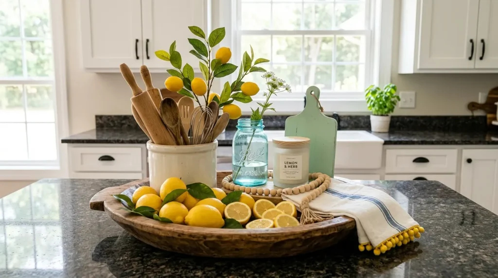 Rustic lemon farmhouse kitchen tray summer decor idea with wooden rolling pins mason jar and fresh lemons on dark granite counter