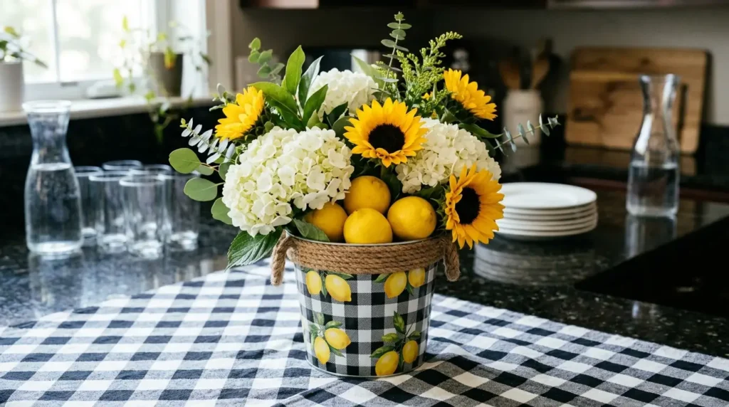White hydrangea and sunflower arrangement in a lemon print tin vase as a summer decor idea for dining table