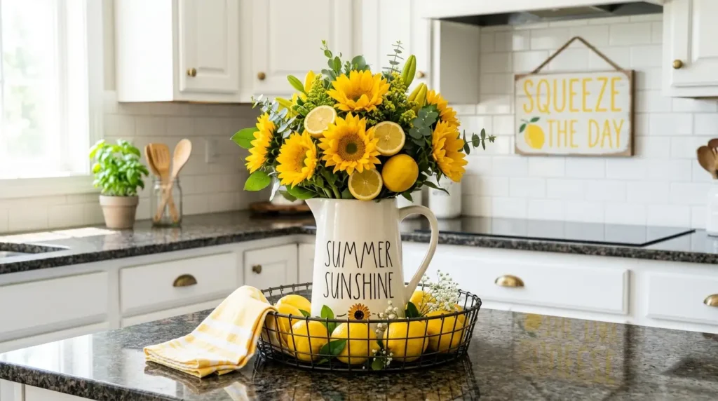 Sunflower and lemon summer decor idea with white ceramic pitcher in a wire basket on kitchen counter