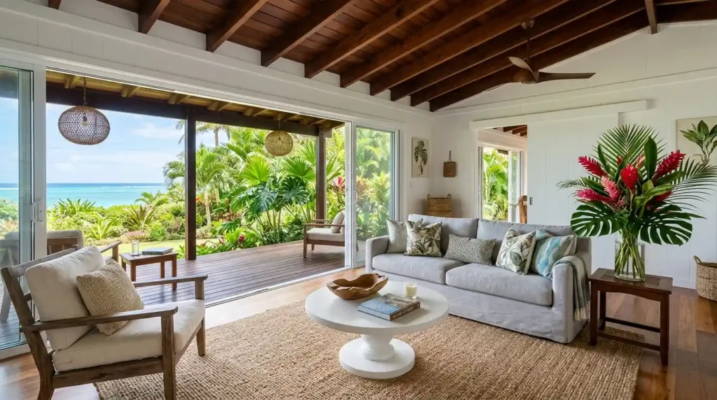 Luxury tropical living room summer decor idea with open sliding doors gray sofa rattan lanterns and tropical plants