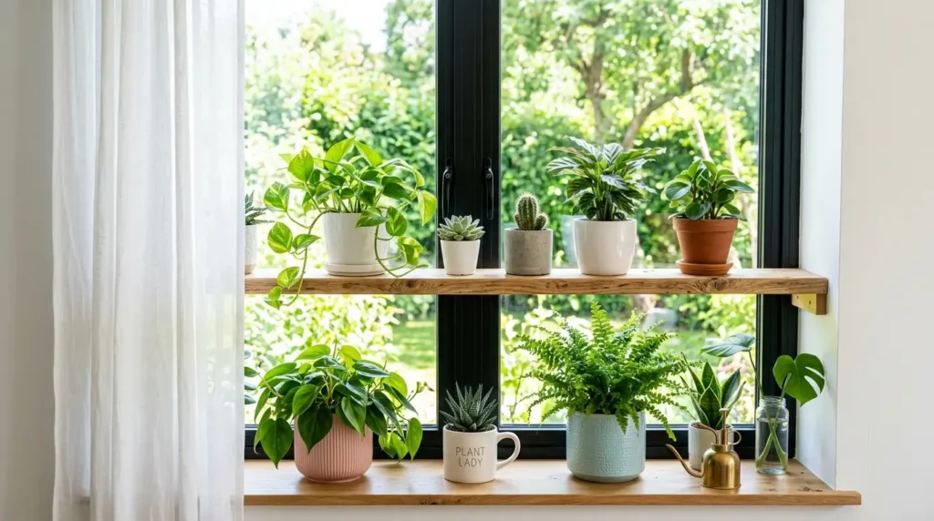 Bright indoor window sill with floating shelf full of green potted plants as a fresh summer decor idea