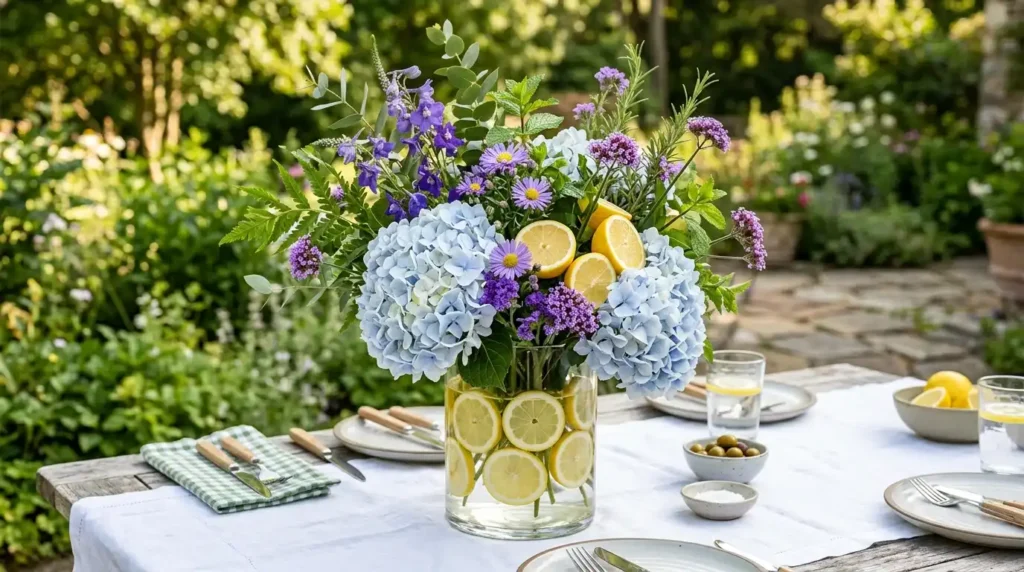 Blue hydrangea and lemon centerpiece as a summer decor idea for outdoor dining table
