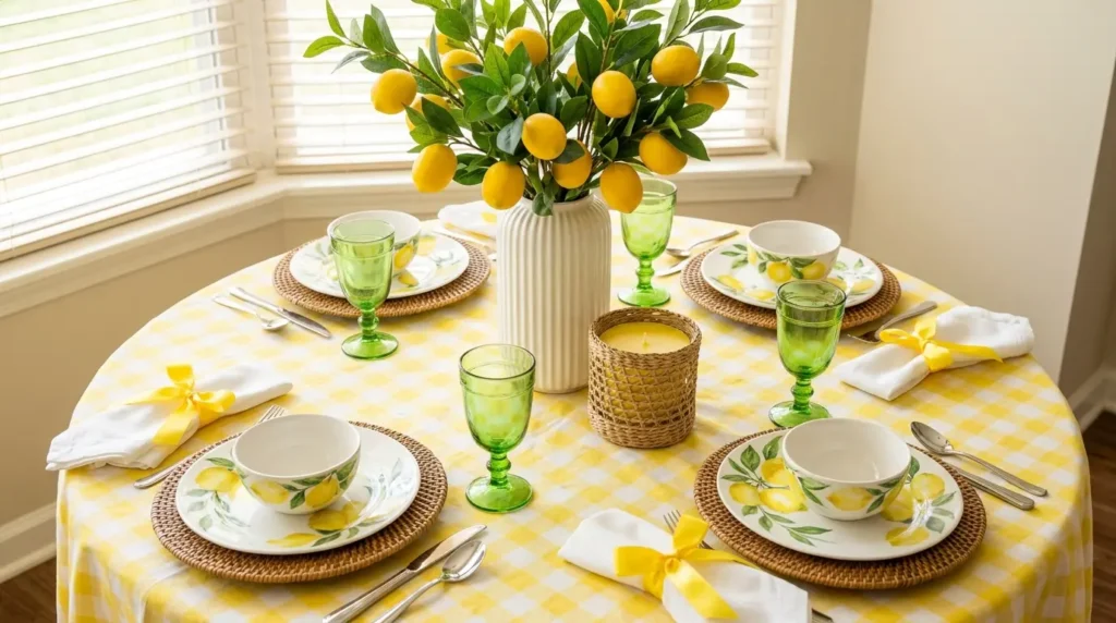 A round dining table with a yellow gingham tablecloth, lemon-printed plates, green glasses, and a central white vase with lush lemon branches.