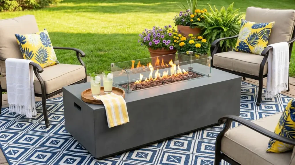 A modern charcoal grey outdoor fire pit table with bright flames on a blue geometric rug, flanked by two beige cushioned armchairs with tropical leaf print pillows on a summer patio.