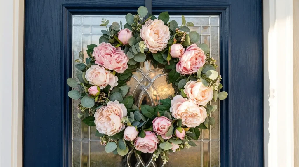 A full and vibrant pink peony wreath with eucalyptus leaves hanging on a deep navy blue front door with a leaded glass panel.