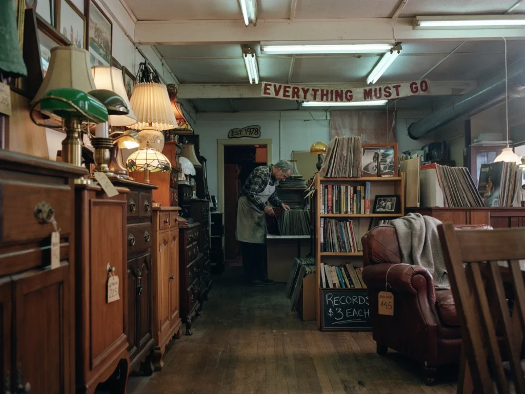 Thrift store aisle with vintage 90s furniture finds