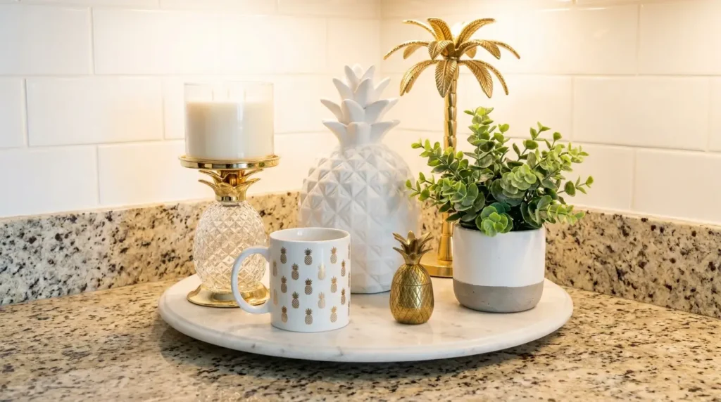 A round white marble tray holding a white ceramic pineapple, a faux green plant with a gold palm tree decoration, a text-free candle on a glass pineapple stand, and a white mug with gold pineapple prints against a subway tile background.