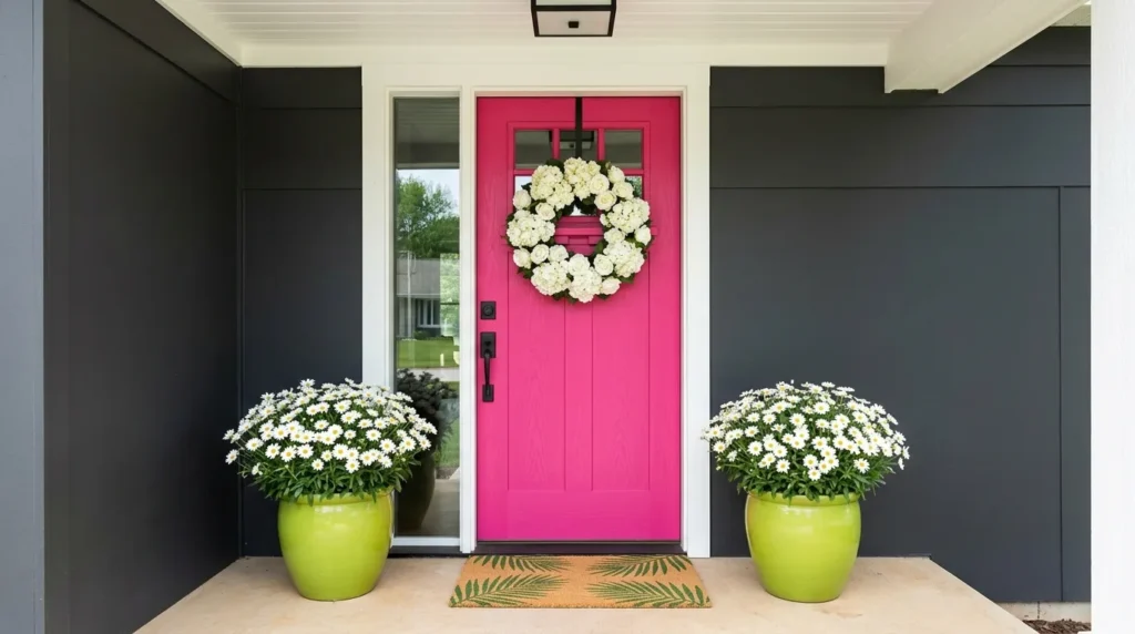 A bright hot-pink front door with a white hydrangea wreath, flanked by white daisies in lime-green pots on a grey sided house porch.