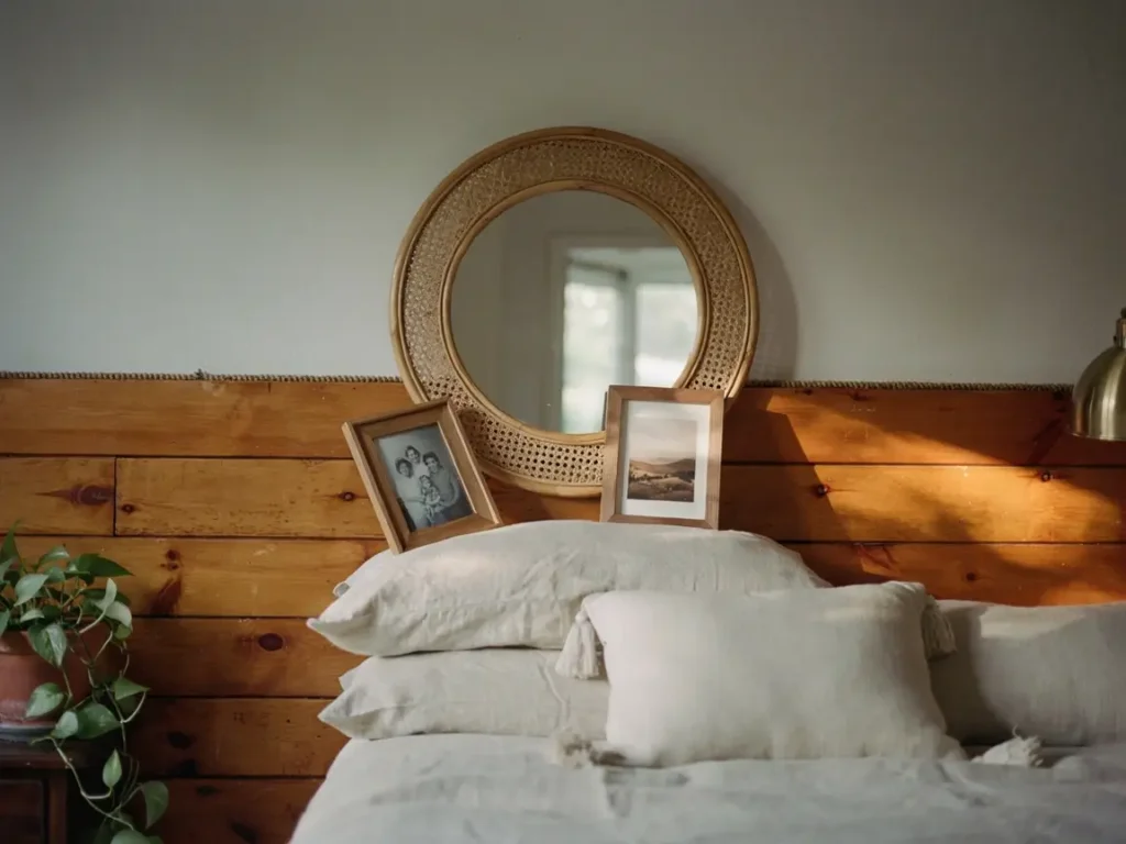 Two 8x10 frames flanking a mirror above a bedroom headboard