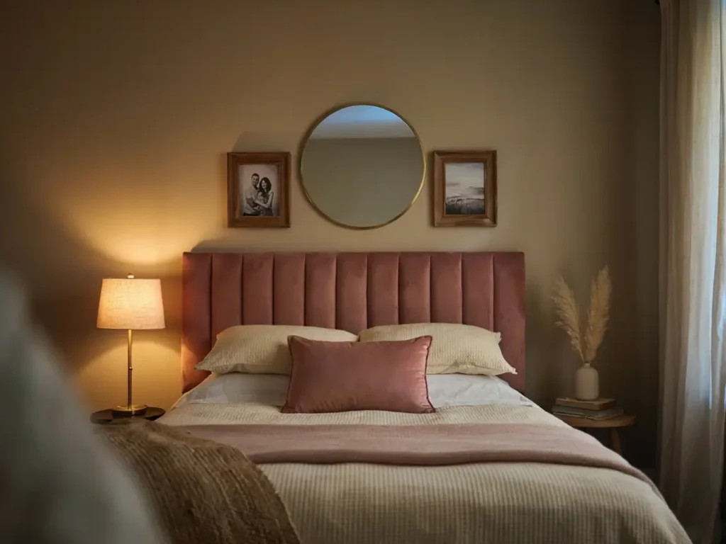 Bedroom 8x10 photo wall display idea above an upholstered headboard