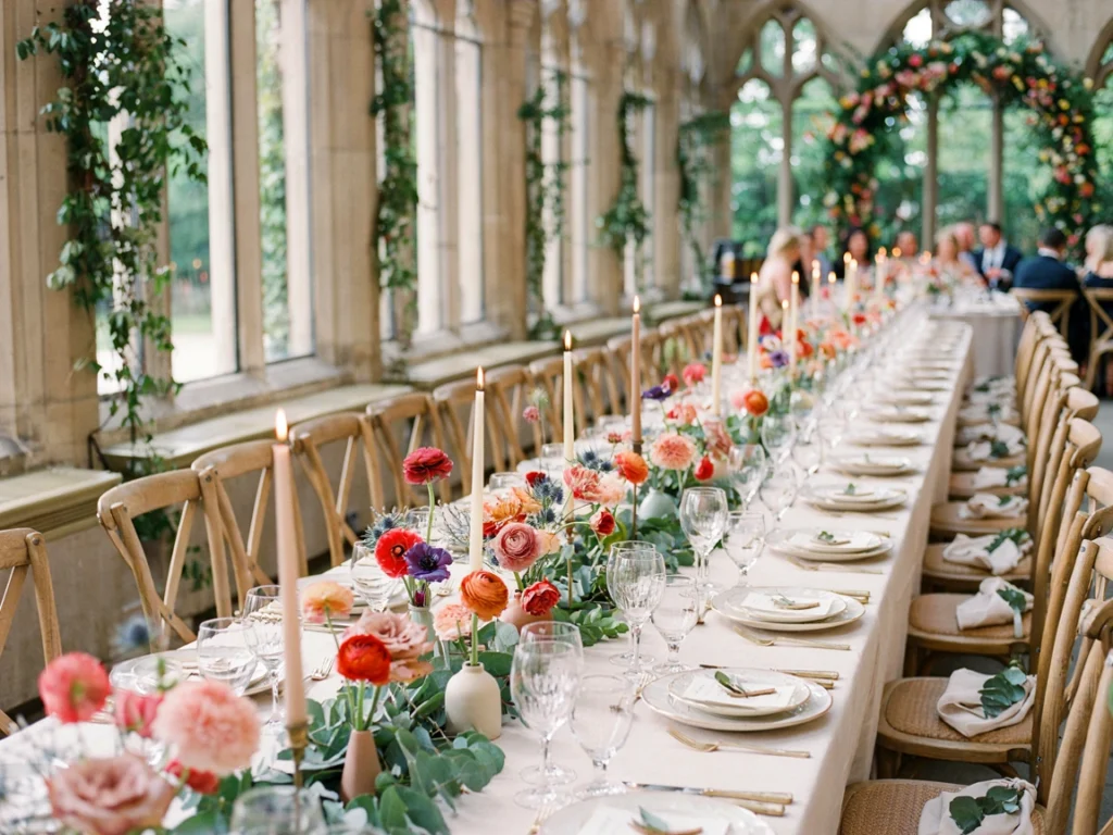 Colorful floral and greenery runner wedding table decor