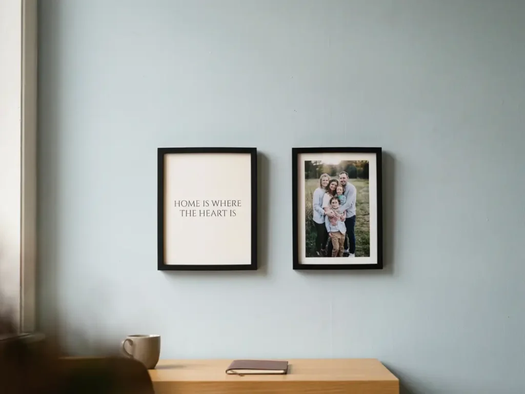 Framed motivation wall mixing quotes and 8x10 photos in a home office
