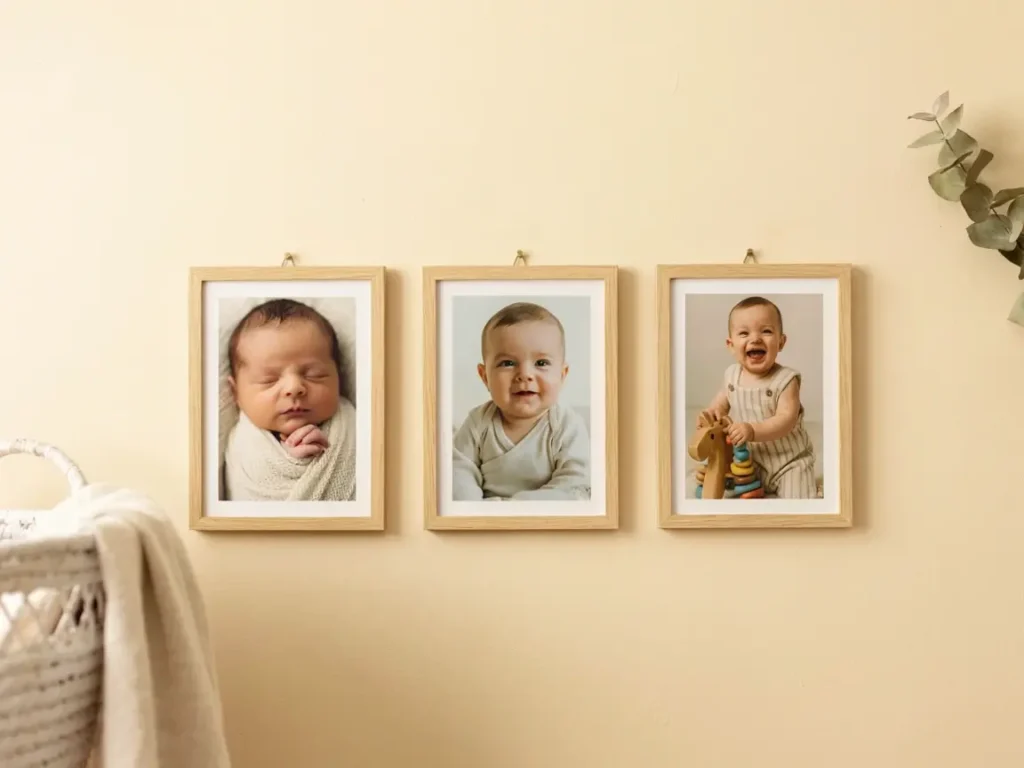 Growth story timeline wall using 8x10 photo frames