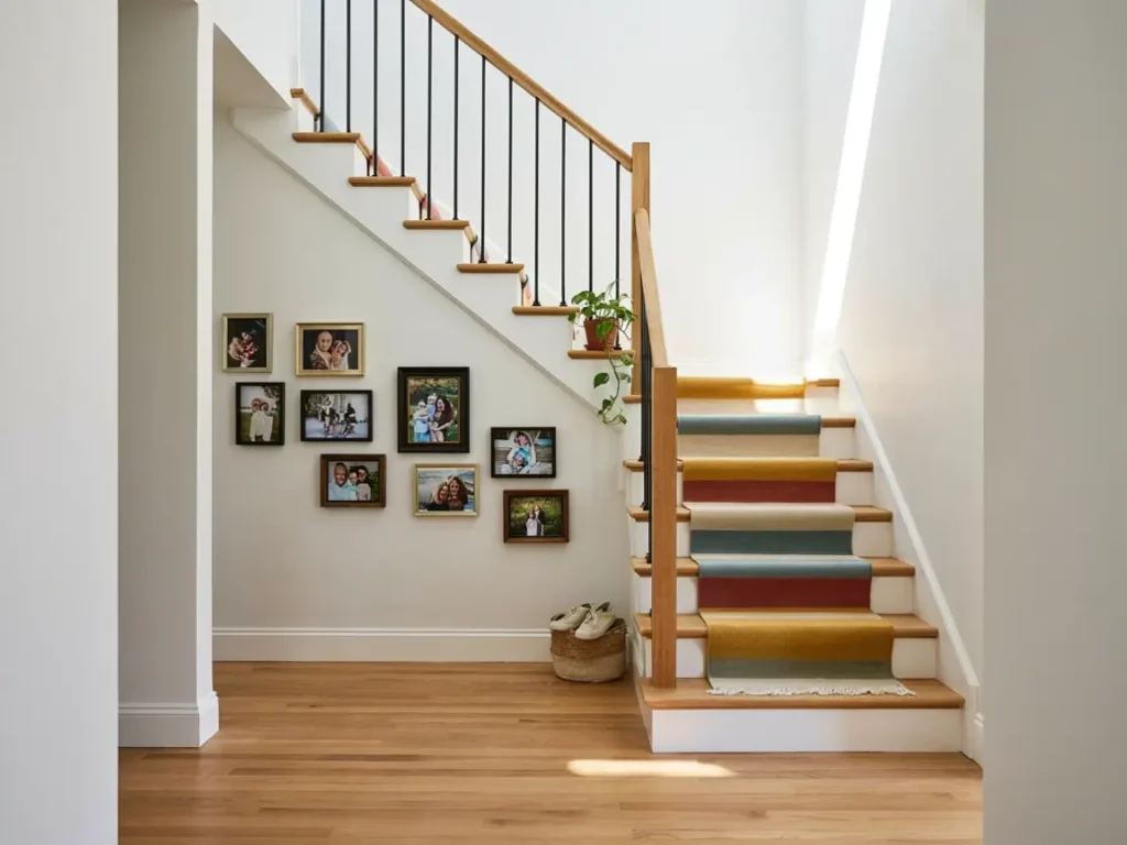 Staircase 8x10 photo wall display idea with ascending frames
