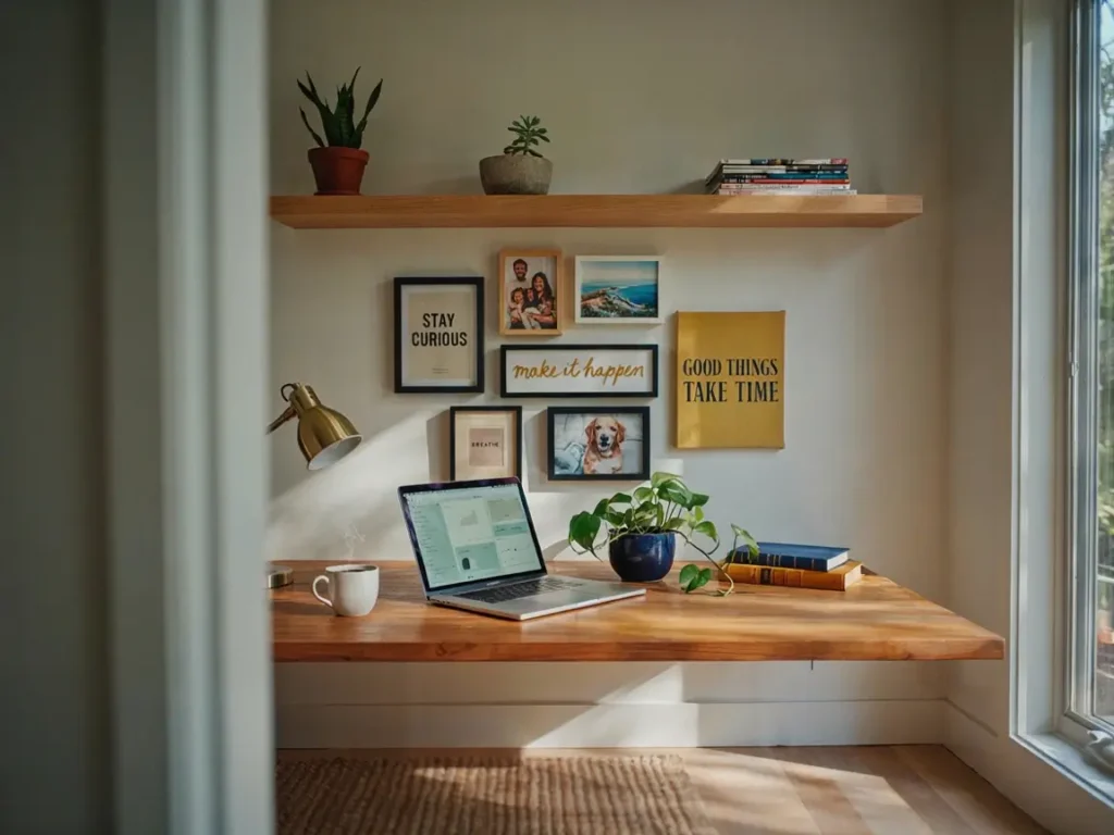 Home office 8x10 photo wall display idea above a desk