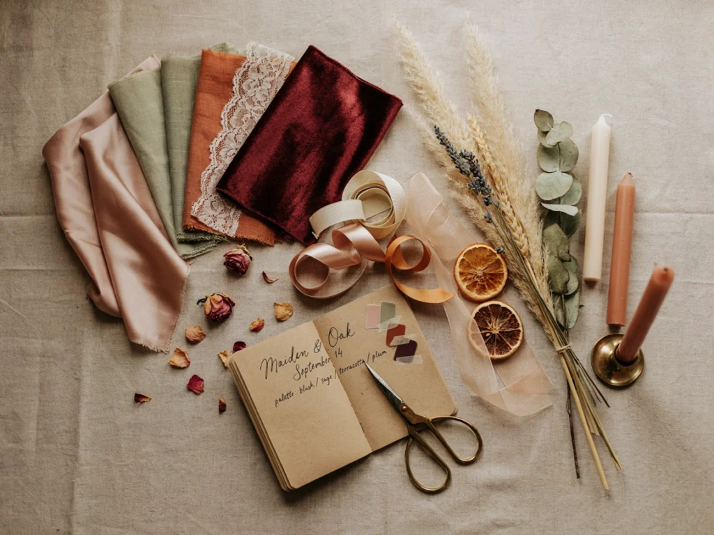 Colorful wedding decor mood board with fabric and floral swatches