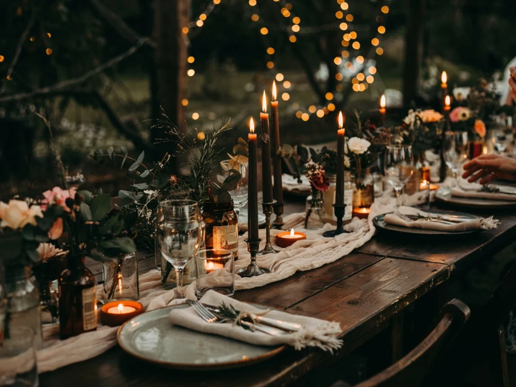 Budget-friendly colorful wedding decor with candles and herbs