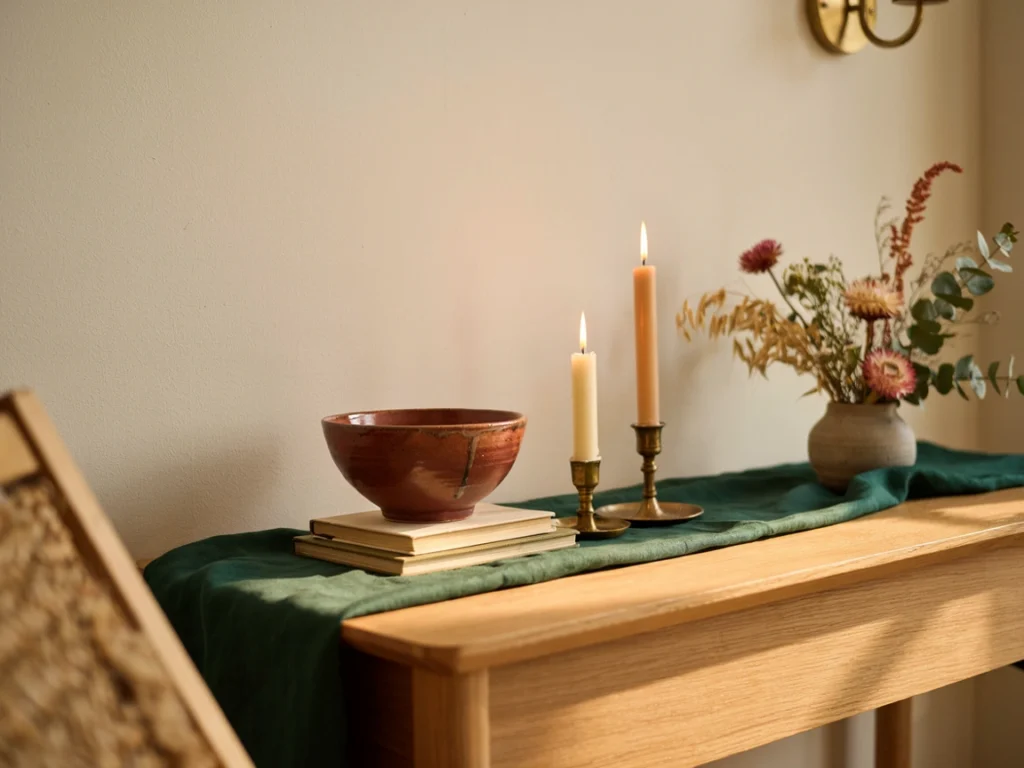 Console table styled with intentional home decor DIY ceramic and linen decor