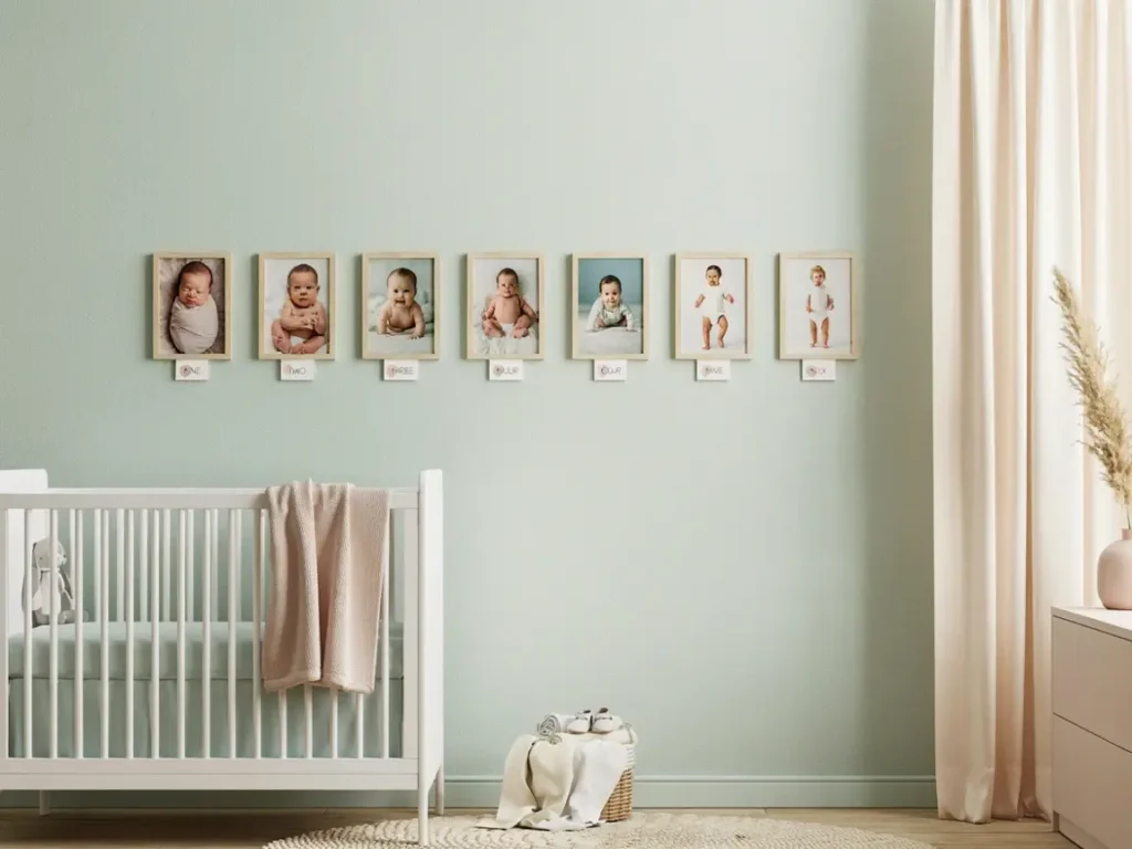 Nursery 8x10 photo wall display idea showing a growth timeline