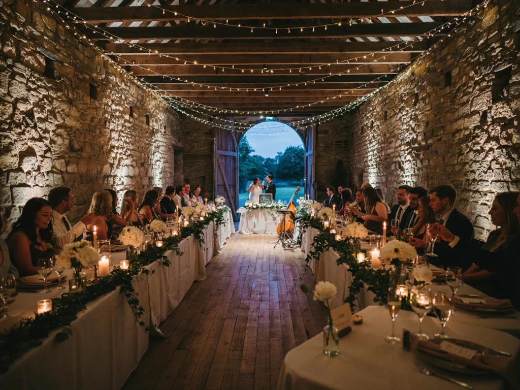 Warm colorful wedding lighting transforming a barn venue
