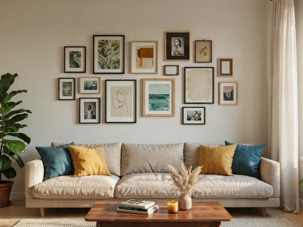  Living room 8x10 photo wall display idea above a beige sofa
