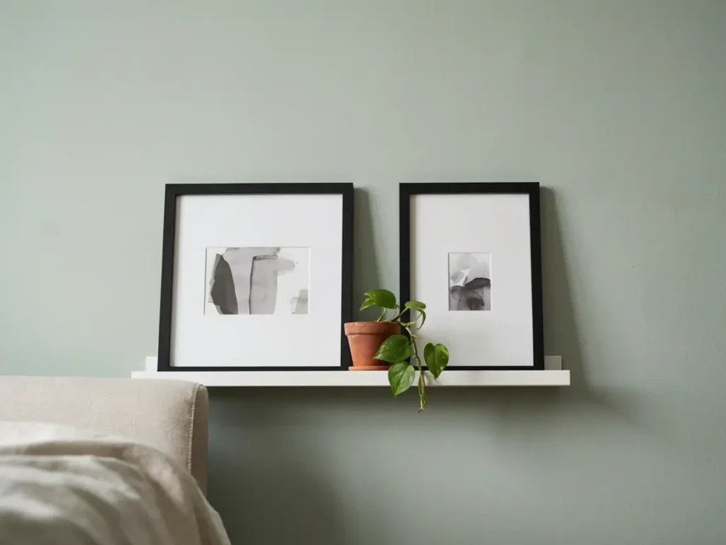 Two 8x10 frames flanking a mirror above a bedroom headboard