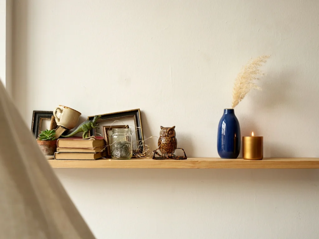 Before and after shelf styling showing common home decor DIY mistakes
