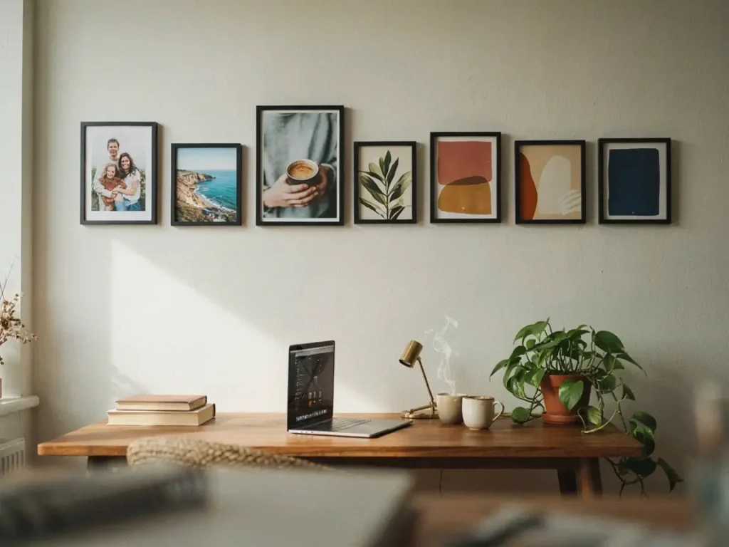 Home office wall mixing 8x10 photos and art prints