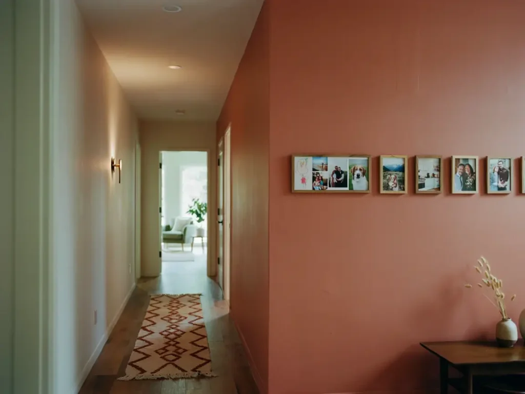 Narrow hallway row display using 8x10 photo frames