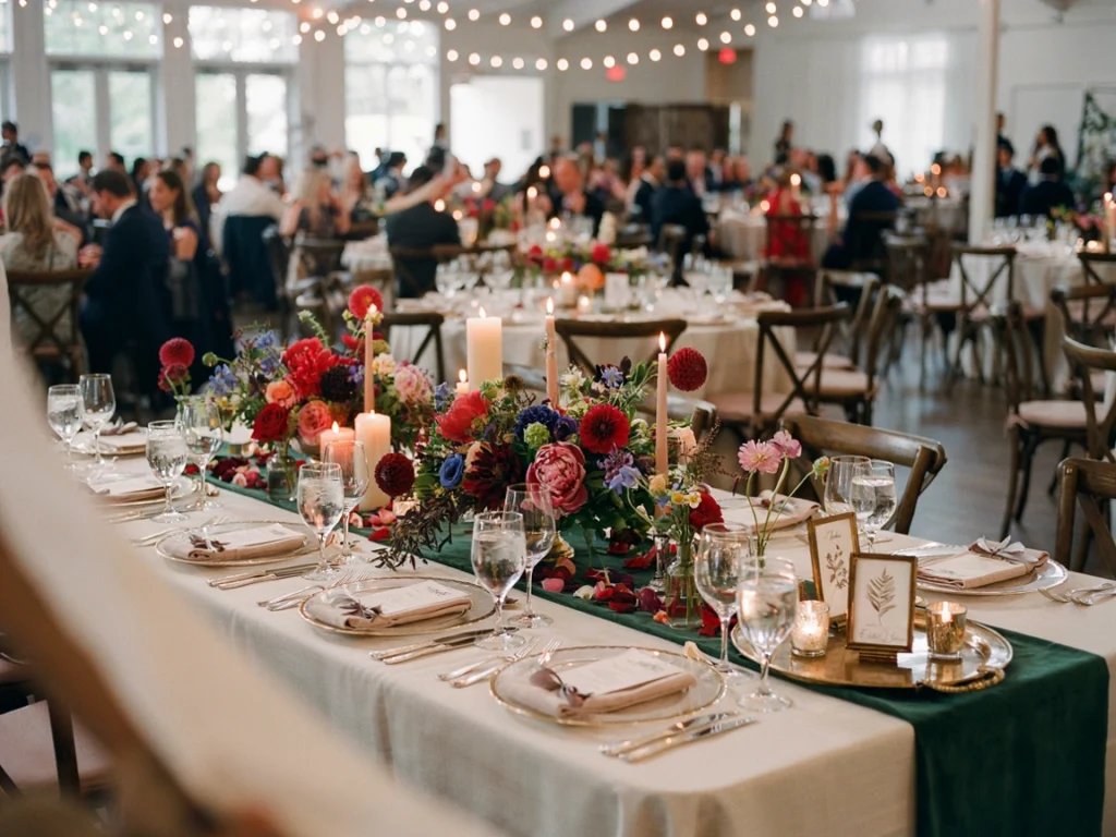 Colorful wedding reception table with layered candles and florals