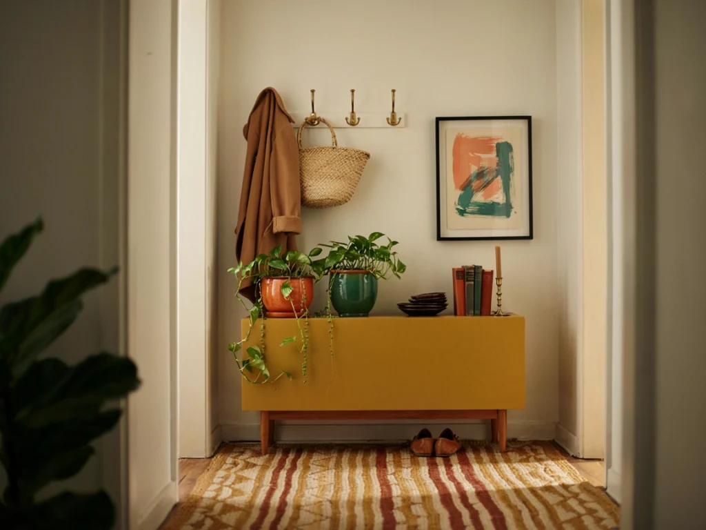 Vibrant entryway home decor DIY transformation with terracotta pots and jute rug