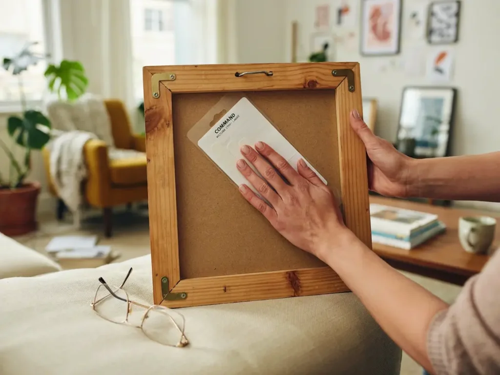 Applying adhesive strips to hang 8x10 photos without wall damage