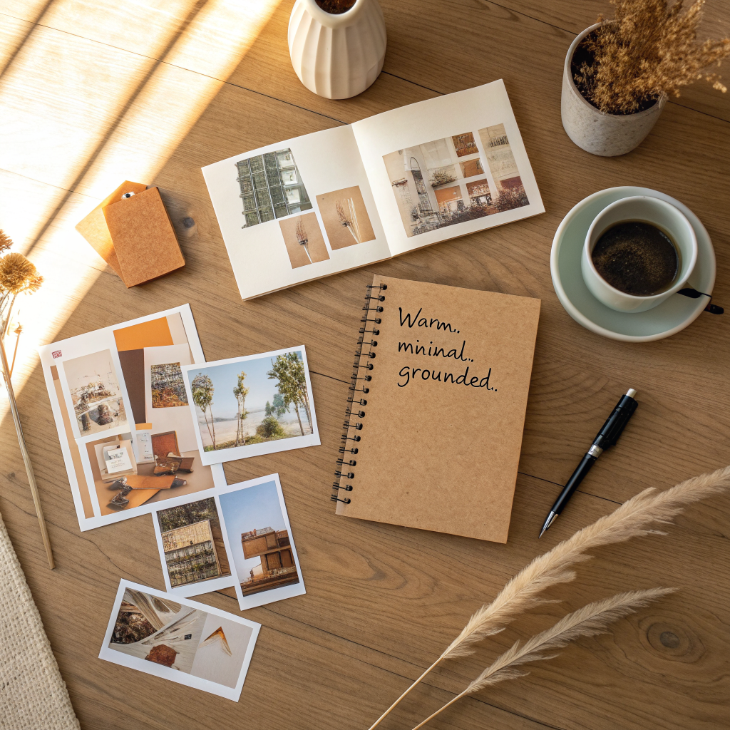 A warm flat lay of a mood board in progress on a wood desk with printed interior photos, a notepad with three handwritten aesthetic words, and a cup of coffee in soft natural light