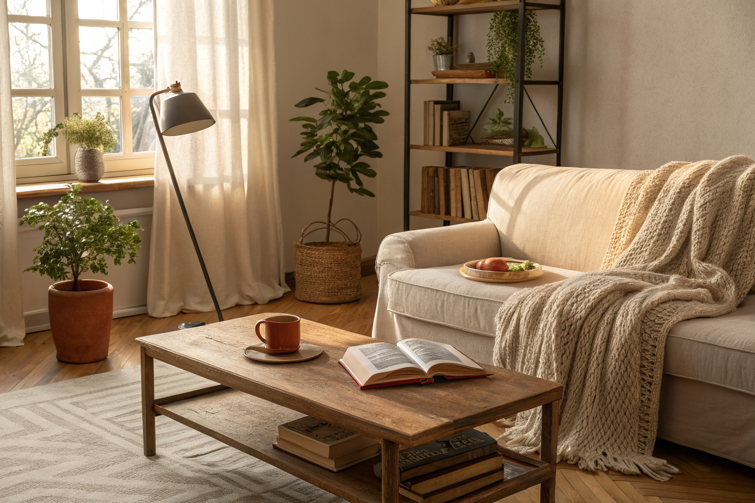 A warm, lived-in living room with a linen sofa, casually draped throw blanket, open coffee table book, a ceramic mug, and a slightly imperfect pothos plant, bathed in soft golden afternoon light
