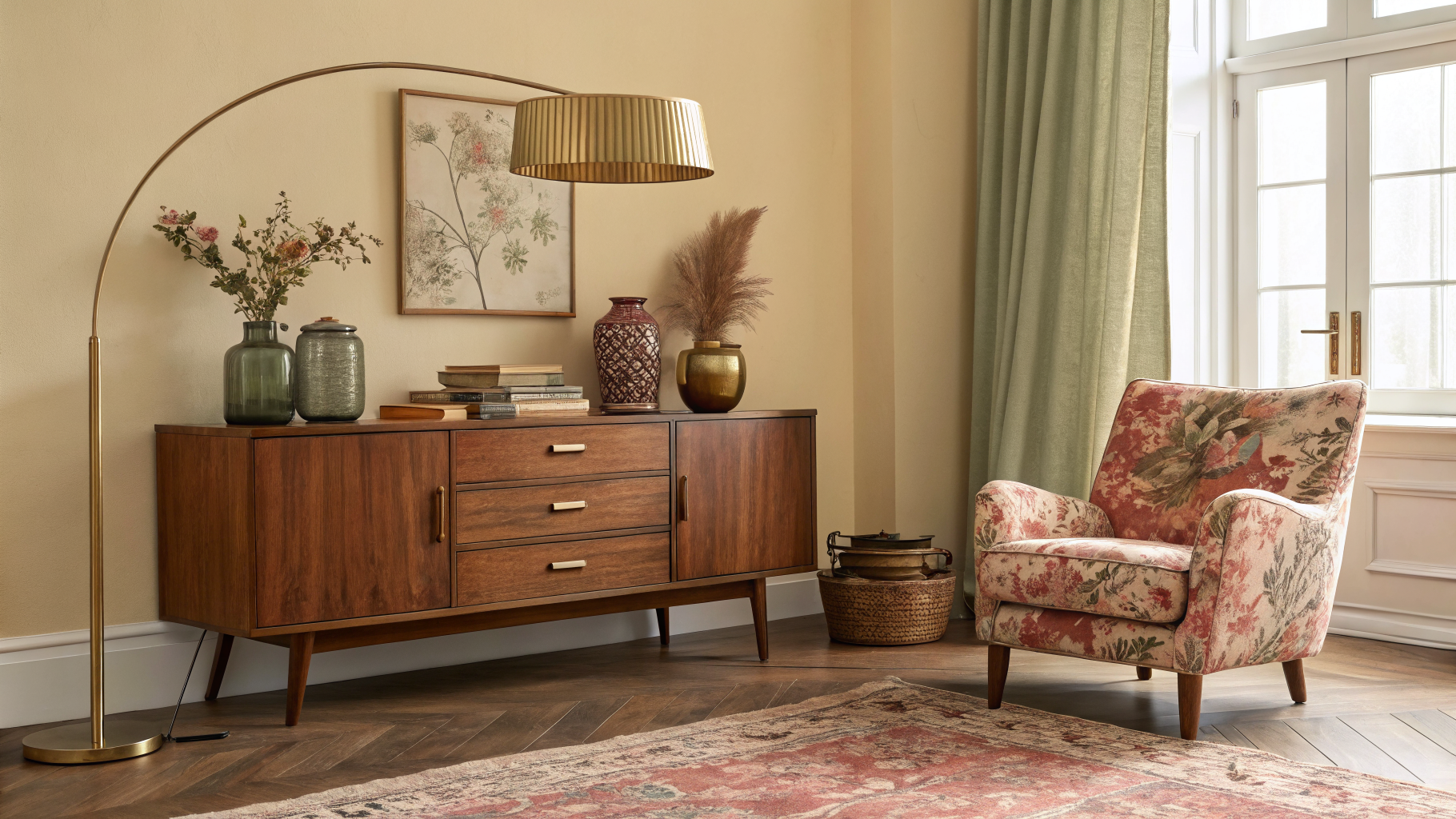 A curated vintage living room with a walnut mid-century sideboard, dusty rose armchair, brass floor lamp, and muted warm color palette in cream, sage, and terracotta