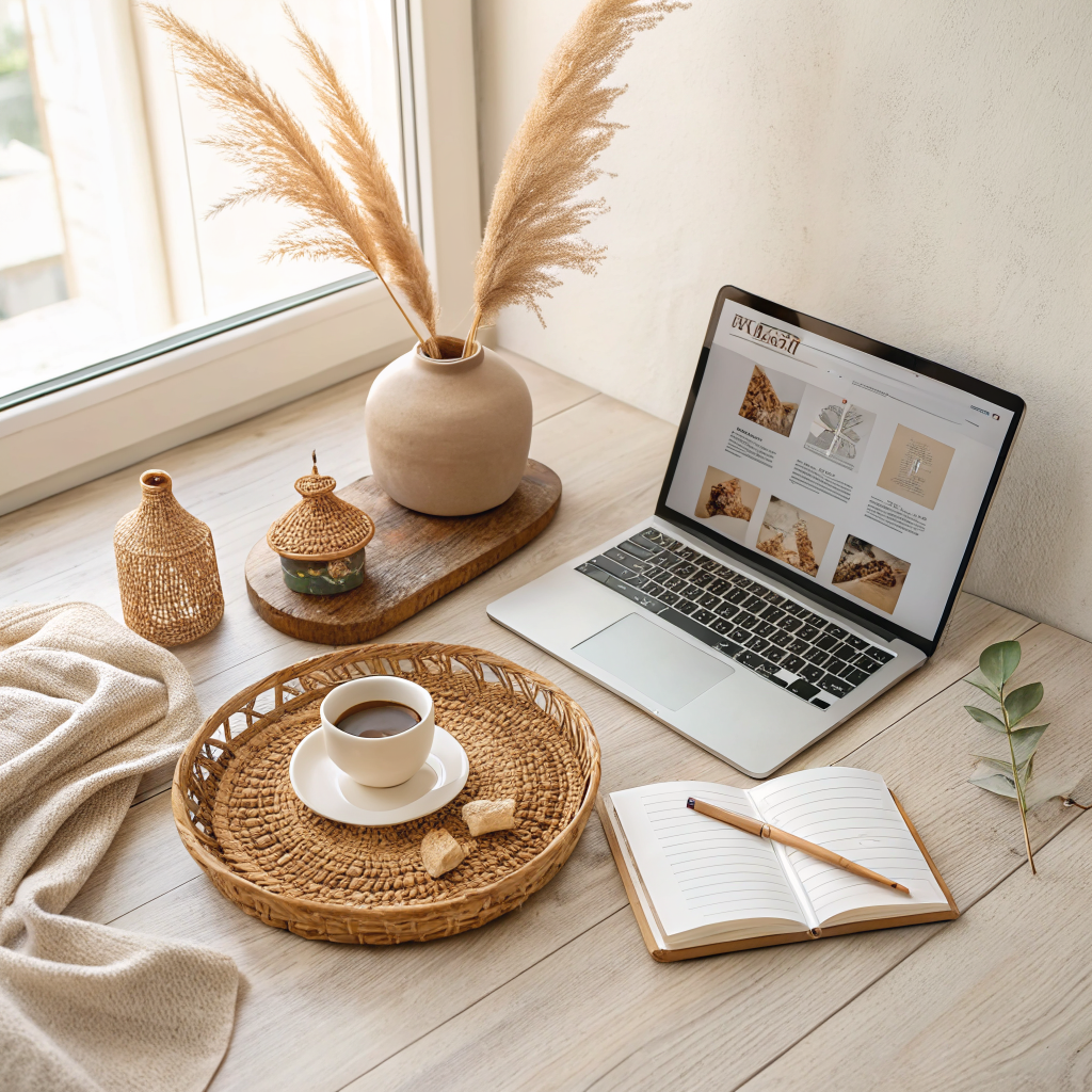 Flat lay of a laptop, ceramic vase, rattan tray, and artisan home decor objects on a light wood surface, styled to represent curated Amazon home shopping categories