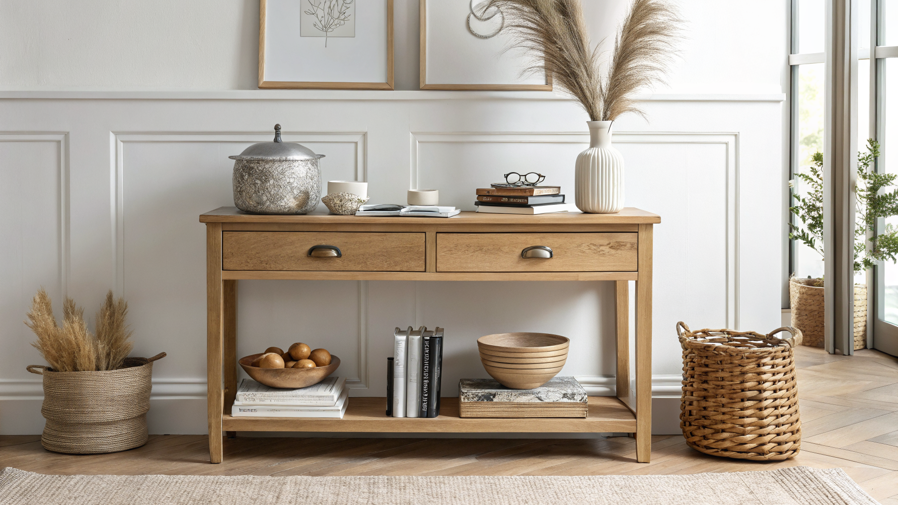 Side-by-side comparison of an overcrowded console table with mismatched Amazon decor items versus a thoughtfully edited, minimalist styled surface with varied heights and breathing room