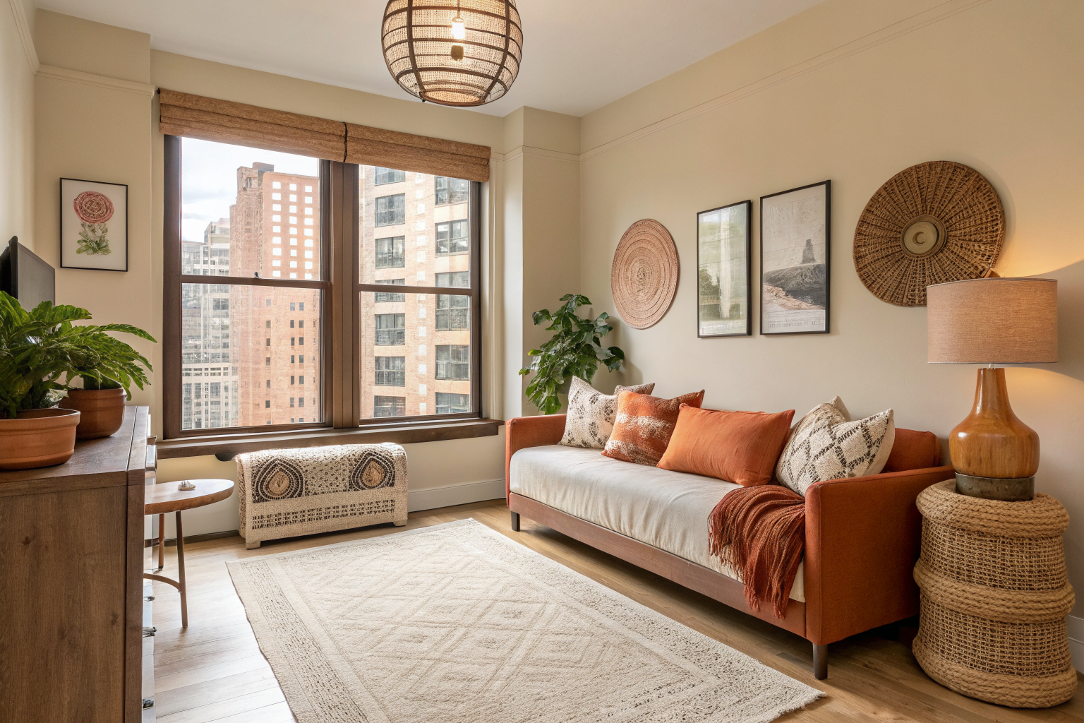 A warmly lit apartment living room with a cohesive terracotta color palette, featuring a linen sofa, ceramic vase, woven wall art, and minimal intentional decor.