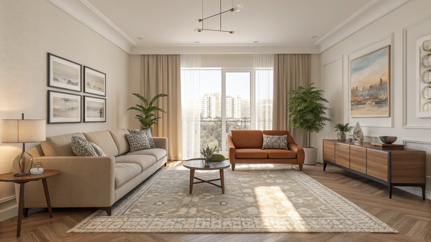 Split-view apartment living room comparing common decorating mistakes like an undersized rug and high-hung art against a well-balanced room with a properly anchored rug and single focal point
