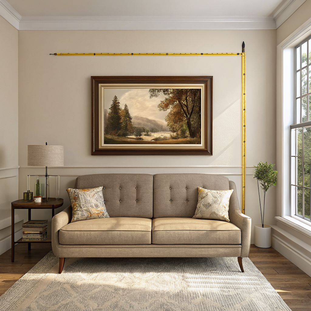 A perfectly hung large framed artwork centered above a sofa at the correct height and width proportion in a well-styled living room