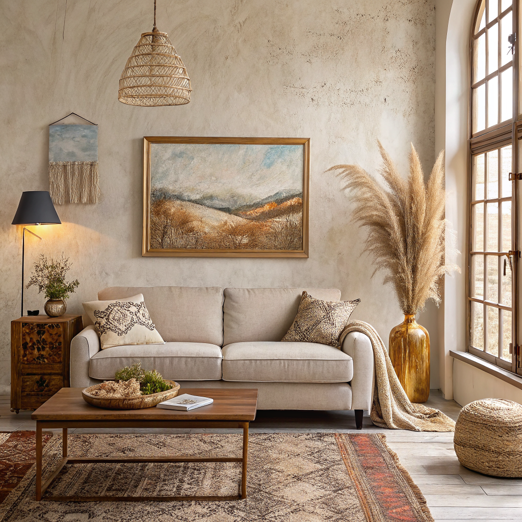 A warm, curated living room with a loose brushstroke landscape painting on a textured wall, a woven textile artwork, and layered decor including a natural wood coffee table and dried botanicals