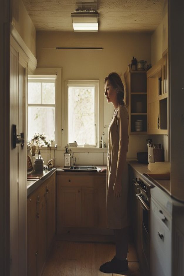 A woman standing in her kitchen doorway, quietly observing the room and noticing what needs to change before starting any updates